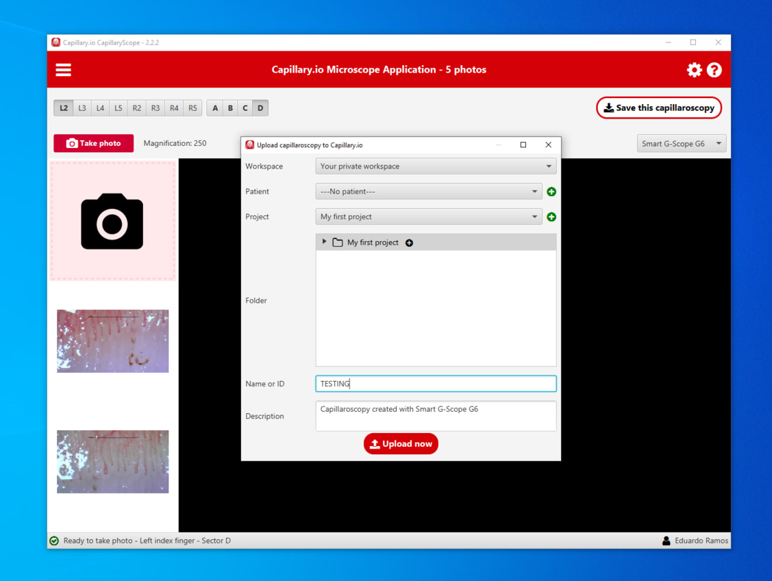 Diálogo de subida de CapillaryScope de Capillary.io