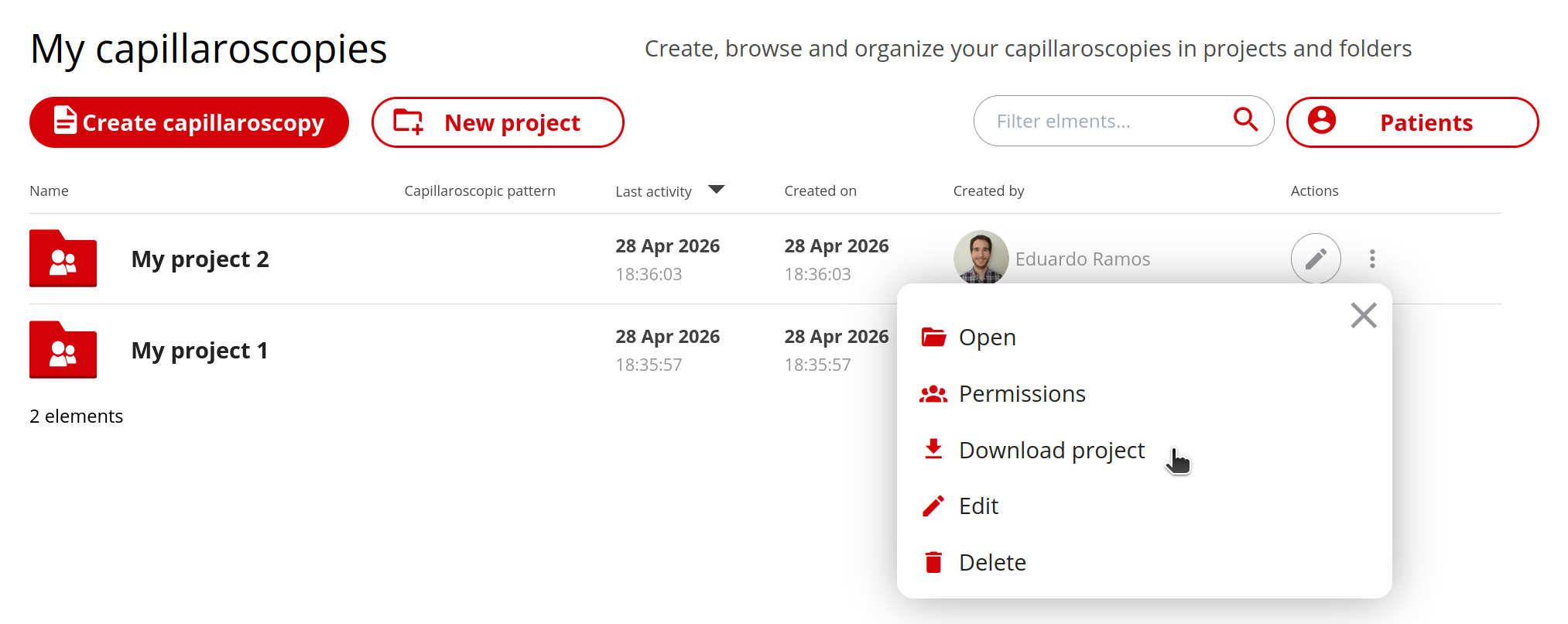 Pantalla de exportación de proyecto en Capillary.io para datasets estructurados de capilaroscopia